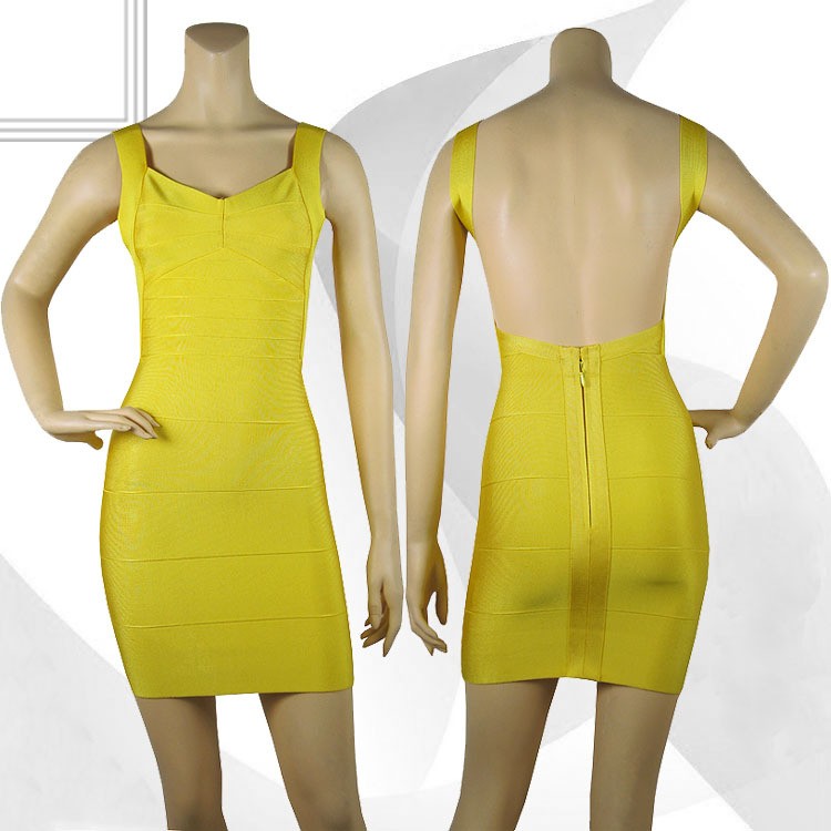 Herve Leger Yellow New Fashion Style V Neck Backless Bandage Dress